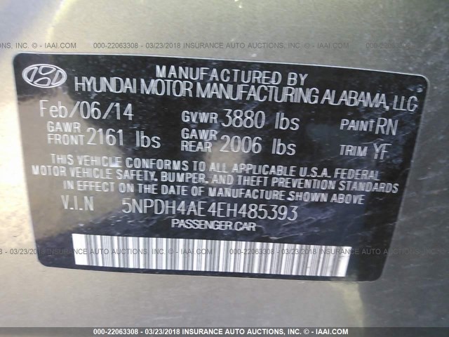 5NPDH4AE4EH485393 - 2014 HYUNDAI ELANTRA SE/SPORT/LIMITED GRAY photo 9