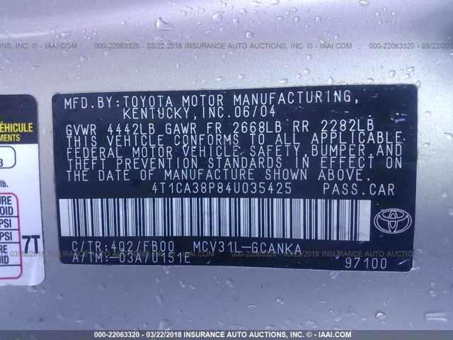 4T1CA38P84U035425 - 2004 TOYOTA CAMRY SOLARA SE/SLE შამპანური ფოტო 9