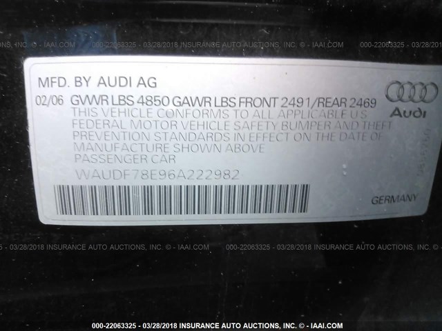 WAUDF78E96A222982 - 2006 AUDI A4 2.0T QUATTRO BLACK photo 9