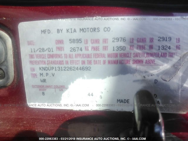 KNDUP131226244692 - 2002 KIA SEDONA EX/LX MAROON photo 9