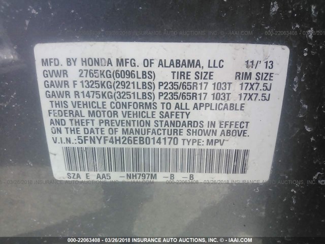 5FNYF4H26EB014170 - 2014 HONDA PILOT LX GRAY photo 9