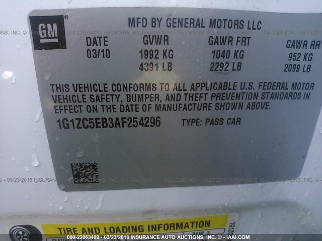 1G1ZC5EB3AF254296 - 2010 CHEVROLET MALIBU 1LT 白色 照片 9