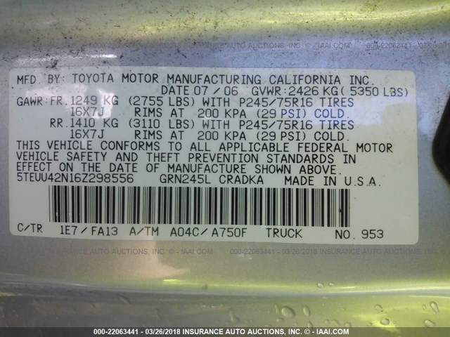 5TEUU42N16Z298556 - 2006 TOYOTA TACOMA ACCESS CAB Күміс фото 9