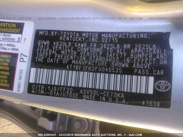 4T1BF1FK2FU040535 - 2015 TOYOTA CAMRY LE/XLE/SE/XSE SILVER photo 9