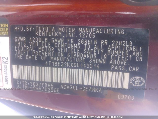 4T1BE32KX6U149314 - 2006 TOYOTA CAMRY LE/XLE/SE 红色 照片 9