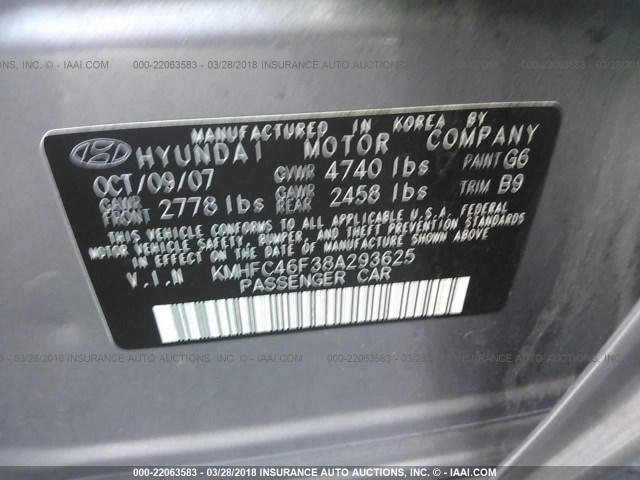 KMHFC46F38A293625 - 2008 HYUNDAI AZERA SE/LIMITED SILVER photo 9