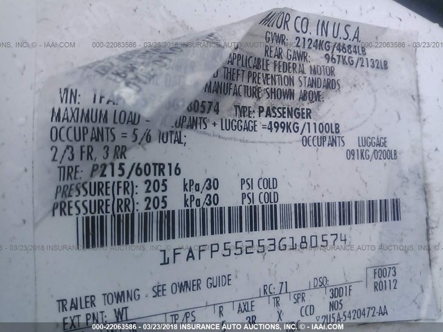 1FAFP55253G180574 - 2003 FORD TAURUS SES WHITE photo 9