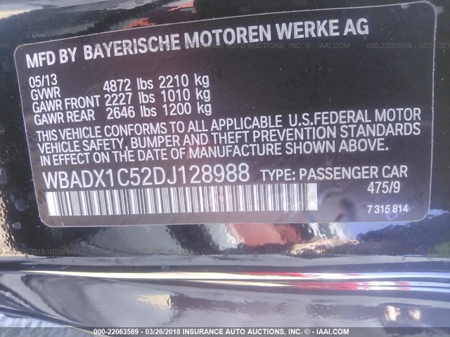 WBADX1C52DJ128988 - 2013 BMW 335 I SULEV BLACK photo 9