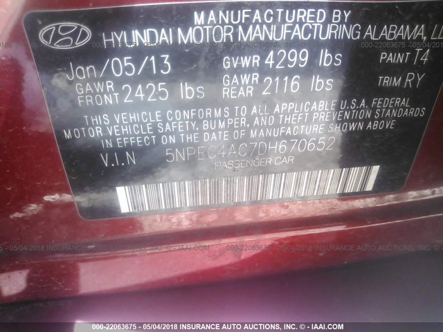 5NPEC4AC7DH670652 - 2013 HYUNDAI SONATA SE/LIMITED RED photo 9