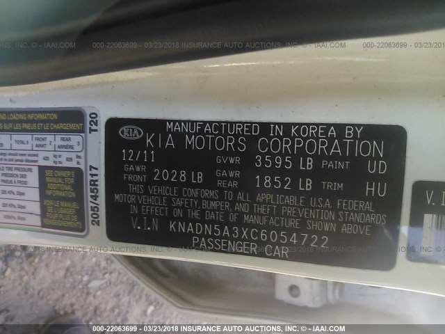 KNADN5A3XC6054722 - 2012 KIA RIO EX/SX WHITE photo 9