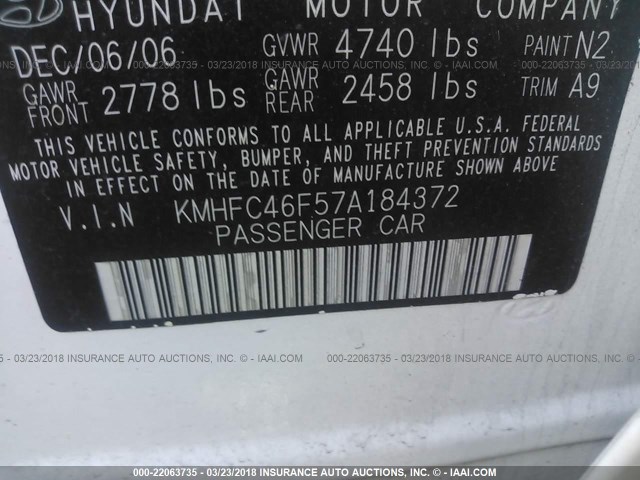 KMHFC46F57A184372 - 2007 HYUNDAI AZERA SE/LIMITED WHITE photo 9