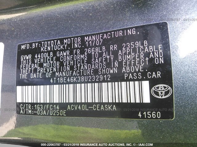 4T1BE46K38U232912 - 2008 TOYOTA CAMRY CE/LE/XLE/SE GRAY photo 9