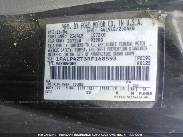 1FALP42T3RF168593 - 1994 FORD MUSTANG GT BLACK photo 9