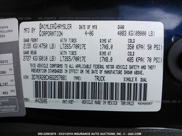 3D7KR28CX6G257881 - 2006 DODGE RAM 2500 ST/SLT 深蓝色 照片 9
