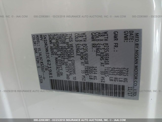 5N1DR2MN3JC621981 - 2018 NISSAN PATHFINDER S/SV/SL/PLATINUM 白色 照片 9