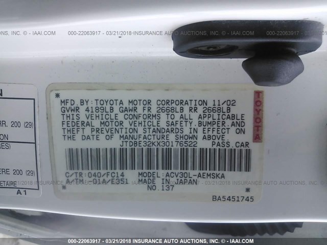 JTDBE32KX30176522 - 2003 TOYOTA CAMRY LE/XLE Սպիտակ լուսանկար 9