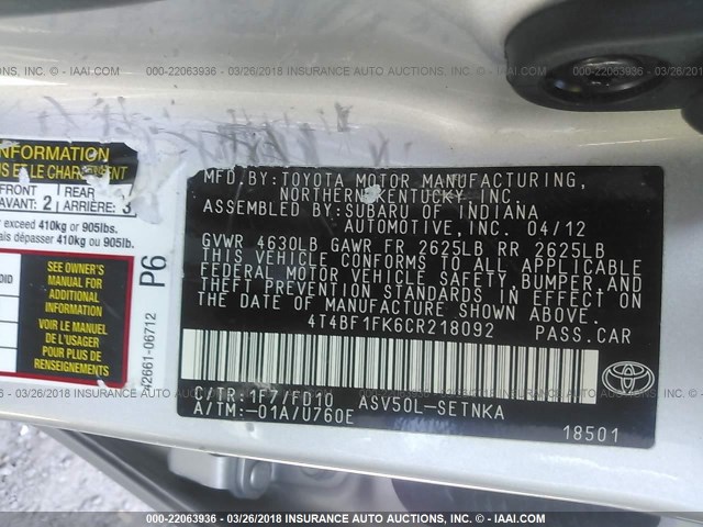 4T4BF1FK6CR218092 - 2012 TOYOTA CAMRY SE/LE/XLE SILVER photo 9