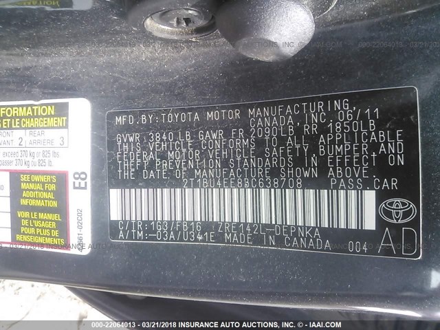 2T1BU4EE8BC638708 - 2011 TOYOTA COROLLA S/LE GRAY photo 9