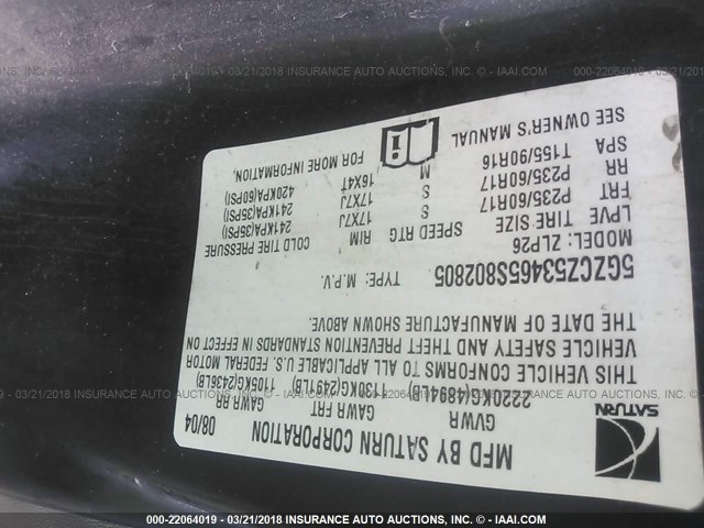 5GZCZ53465S802805 - 2005 SATURN VUE BLACK photo 9