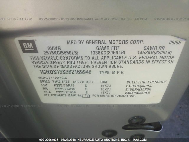 1GNDS13S362169948 - 2006 CHEVROLET TRAILBLAZER LS/LT SILVER photo 9