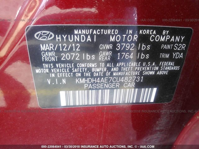 KMHDH4AE7CU482731 - 2012 HYUNDAI ELANTRA GLS/LIMITED RED photo 9