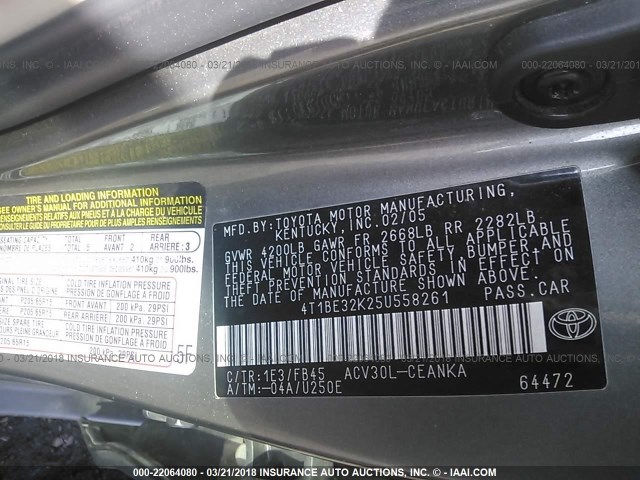 4T1BE32K25U558261 - 2005 TOYOTA CAMRY LE/XLE/SE GRAY photo 9