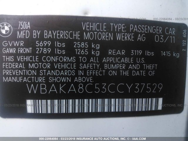 WBAKA8C53CCY37529 - 2012 BMW 750 I WHITE photo 9