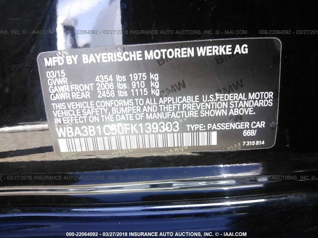 WBA3B1C50FK139303 - 2015 BMW 320 I BLACK photo 9