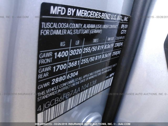 4JGCB6FB7AA104138 - 2010 MERCEDES-BENZ R 350 4MATIC SILVER photo 9