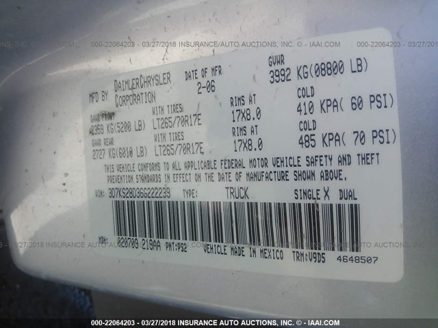 3D7KS28D36G222239 - 2006 DODGE RAM 2500 ST/SLT 银色 照片 9