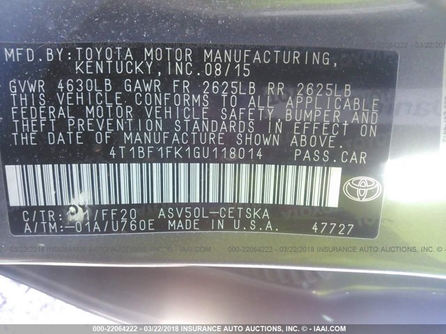 4T1BF1FK1GU118014 - 2016 TOYOTA CAMRY LE/XLE/SE/XSE GRAY photo 9