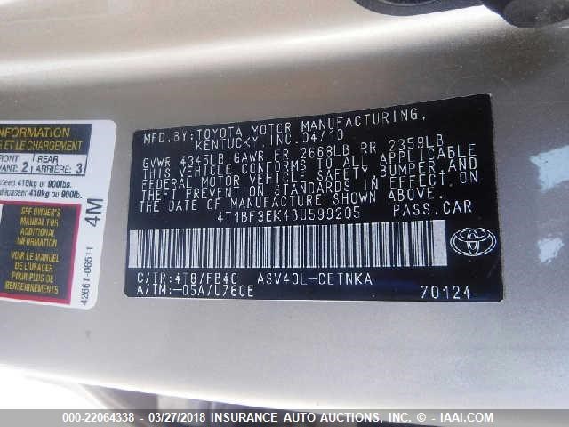 4T1BF3EK4BU599205 - 2011 TOYOTA CAMRY SE/LE/XLE Коричневый фото 9