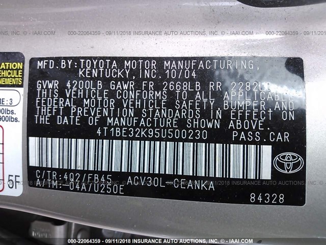 4T1BE32K95U500230 - 2005 TOYOTA CAMRY LE/XLE/SE Qızıl foto 9