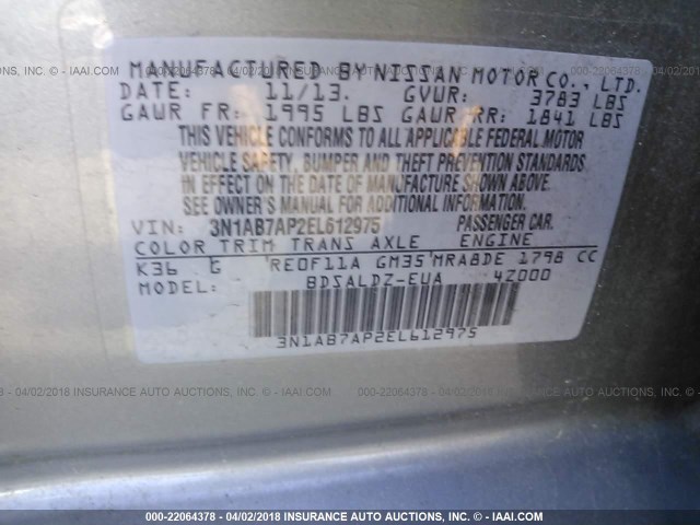 3N1AB7AP2EL612975 - 2014 NISSAN SENTRA S/SV/SR/SL SILVER photo 9