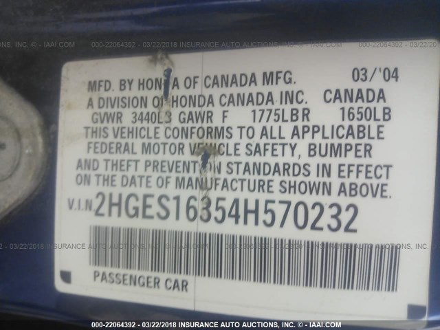 2HGES16354H570232 - 2004 HONDA CIVIC DX VP BLUE photo 9