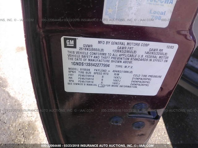 1GNDS13S642277994 - 2004 CHEVROLET TRAILBLAZER LS/LT MAROON photo 9