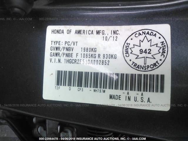 1HGCR2F51DA802852 - 2013 HONDA ACCORD SPORT BLACK photo 9