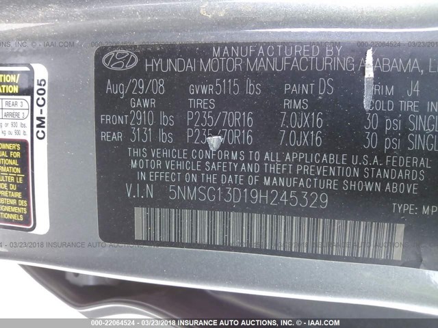 5NMSG13D19H245329 - 2009 HYUNDAI SANTA FE GLS GRAY photo 9