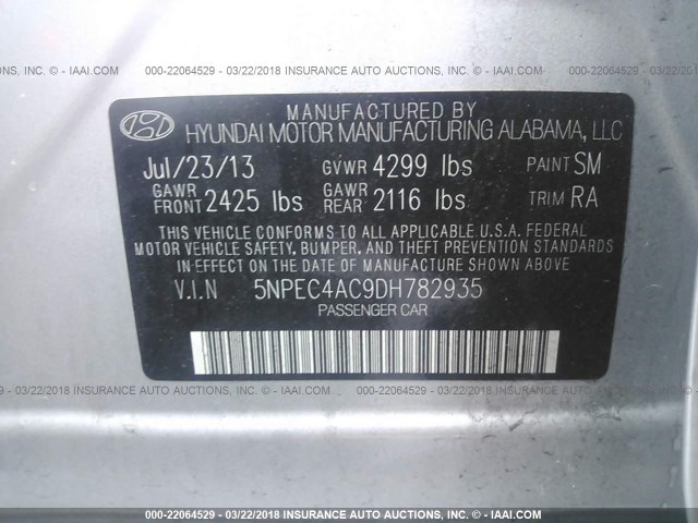 5NPEC4AC9DH782935 - 2013 HYUNDAI SONATA SE/LIMITED SILVER photo 9