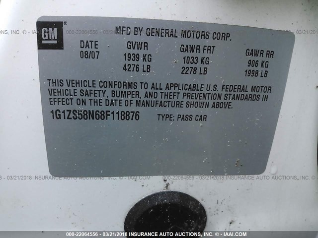 1G1ZS58N68F118876 - 2008 CHEVROLET MALIBU LS თეთრი ფოტო 9