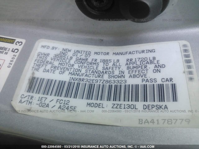 1NXBR32E97Z863323 - 2007 TOYOTA COROLLA CE/LE/S SILVER photo 9