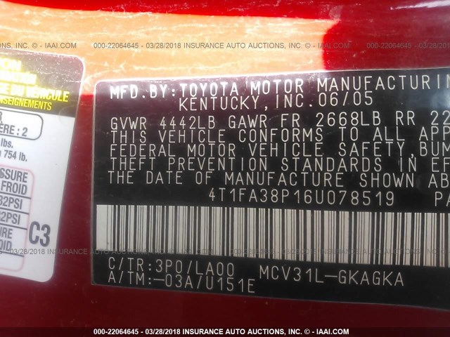 4T1FA38P16U078519 - 2006 TOYOTA CAMRY SOLARA SE/SLE წითელი ფოტო 9