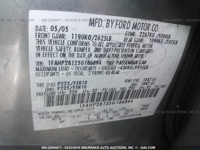 1FAHP28125G186894 - 2005 FORD FIVE HUNDRED LIMITED GREEN photo 9