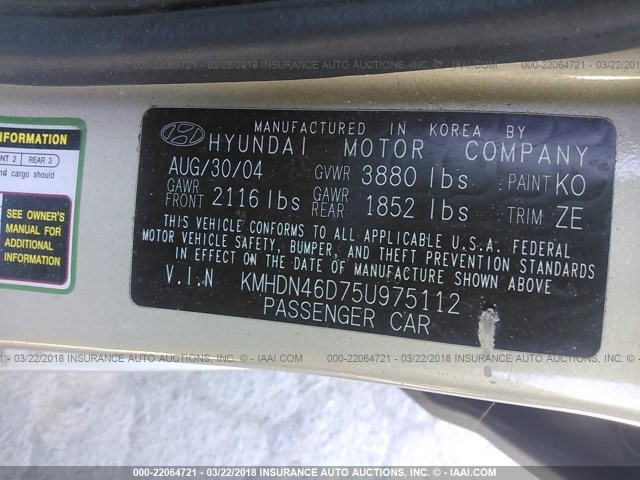 KMHDN46D75U975112 - 2005 HYUNDAI ELANTRA GLS/GT GOLD photo 9