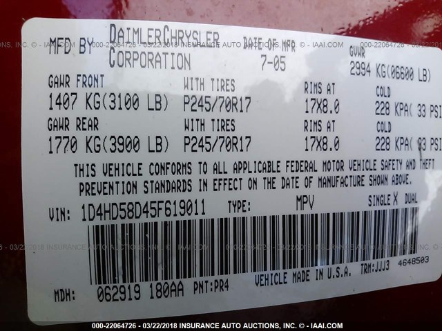 1D4HD58D45F619011 - 2005 DODGE DURANGO LIMITED RED photo 9