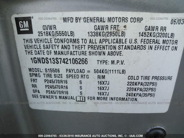 1GNDS13S742106266 - 2004 CHEVROLET TRAILBLAZER LS/LT SILVER photo 9