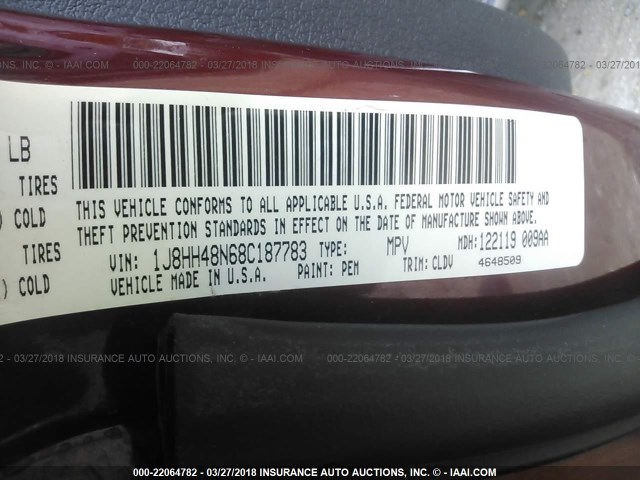 1J8HH48N68C187783 - 2008 JEEP COMMANDER SPORT მუქწითელი ფოტო 9