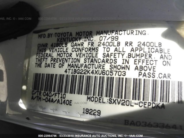 4T1BG22K4XU605703 - 1999 TOYOTA CAMRY CE/LE/XLE 白色 照片 9