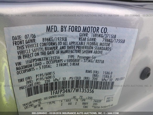 1FAFP34N77W135356 - 2007 FORD FOCUS ZX4/S/SE/SES SILVER photo 9