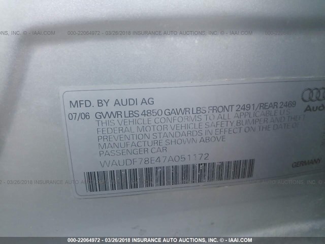 WAUDF78E47A051172 - 2007 AUDI A4 2.0T QUATTRO SILVER photo 9